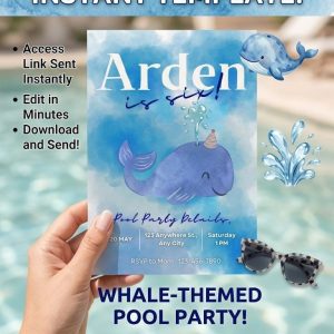 Whale Pool Party Invitation, Watercolor Birthday Template (Digital Download)
